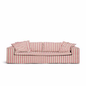 3 seat sofa in linen with stripes in coral red and beige